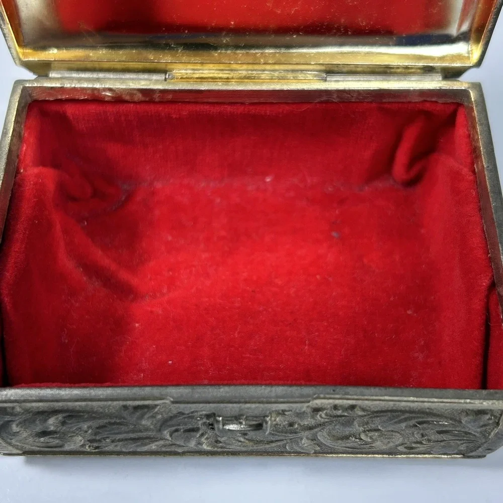 Vintage Metal Gold-tone Floral Detailed Lined Footed Trinket Jewelry Box.